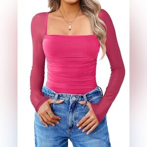 Avid Love Square Neck Ruched Mesh Long Sleeve Bodysuit